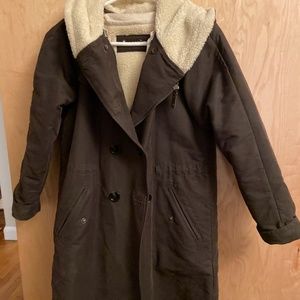 Coated cotton and faux shearling coat